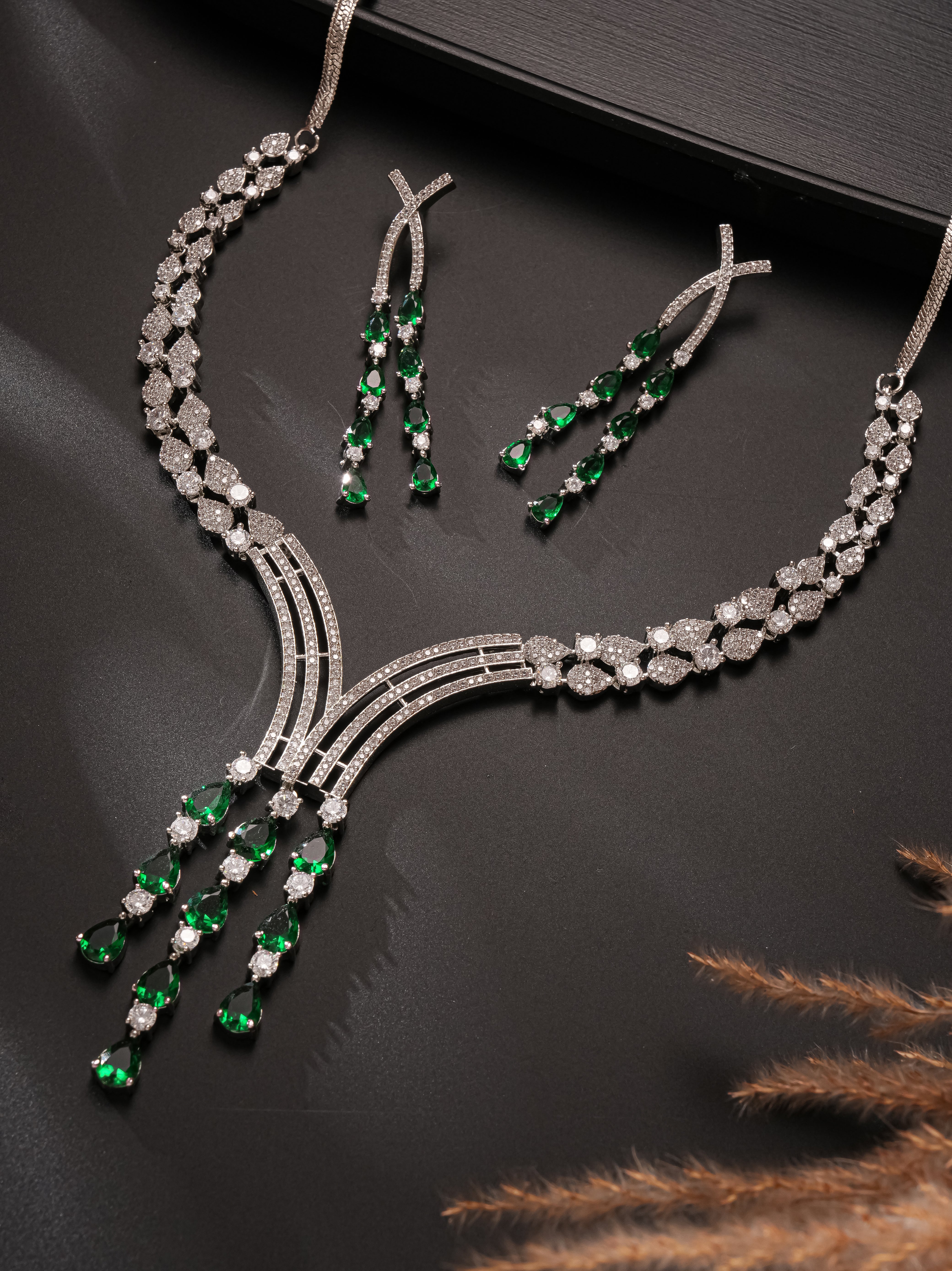 Silver Toned Emerald Green Zircon AD Studded Layered  Bridal Drop Designer Statement Necklace Jewellery Set